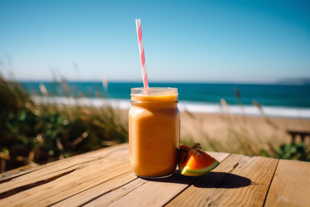cup of smoothie shakes drink with fruity juice flavors with a straw on a wooden tableの素材