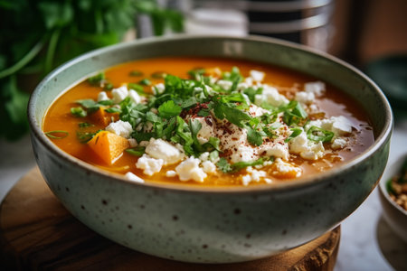 steaming bowl of soup filled to brim with comforting blend of pumpkin, feta cheese, and fresh parsley slicesの素材