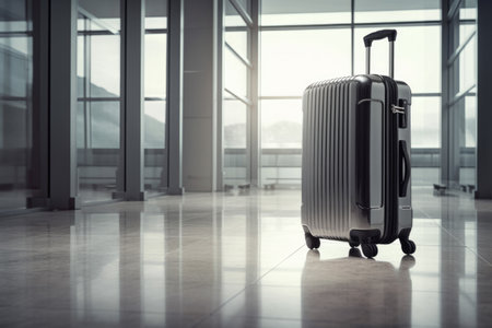 gray suitcase sitting on the floor in an airport, sense of anticipation and travel. ready to depart on a journey or after arriving at a new destinationの素材