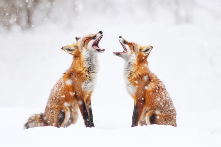 two foxes playing in the winter forest. sense of fun and joy. fresh snow and snow-covered treesの素材