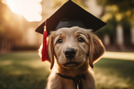 puppy wearing a graduation cap, sitting. cuteness and joy combined with achievement and a special occasion. end of the academic year, successの素材