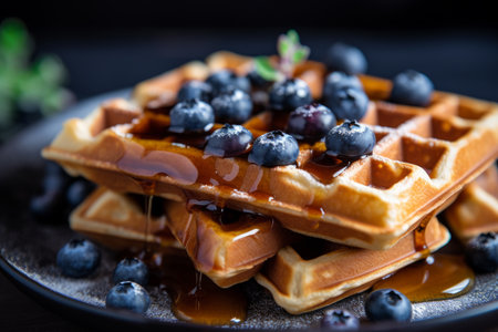delicious waffles adorned with generously serving of juicy blueberries. To enhance their sweetness, drizzle of golden honey cascades down fluffy, creating a delectable combination of flavorsの素材