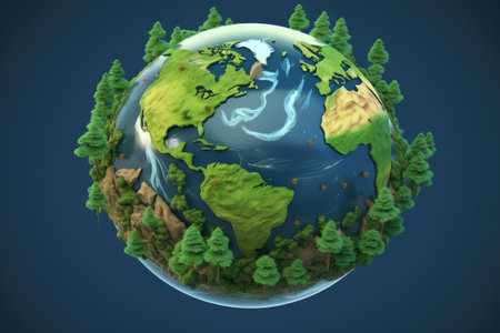 Striking rendering of the world enveloped in lush green forests, set against a vivid blue backdrop. Perfect for environmental, travel, and nature-inspired designs.の素材