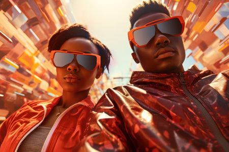 Fashionable modern black man and woman, both donning sunglasses, capture a stylish selfie together. Perfect for urban fashion, technology, and social media-themed visuals.の素材