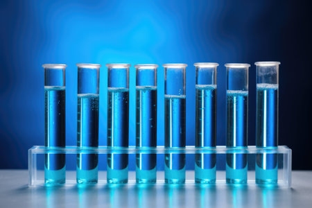 Row of test tubes filled with blue liquid. Perfect for scientific experiments or laboratory research.の素材