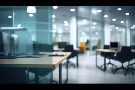 Out-of-focus image of office space featuring desks and computers. This photo can be used to depict busy work environment or to symbolize modern workplace.の素材