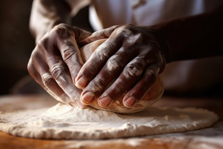 hands of a person kneading dough. The hands look alive and the motion seems automatic, suggesting that the person is experienced in the process of kneadingの素材