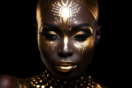 Close-up of woman with gold paint on her face. This image can be used for beauty, fashion, or artistic concepts.の素材