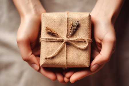 woman's hands holding a box with a bow. This image can be used to create concepts related to gifts, holidays, anniversaries or any other events where gift-giving is necessary.の素材