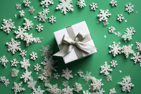 Beautifully wrapped gift box adorned with bow, set against the backdrop of twinkling Christmas lights, evoking the festive spirit of the New Year holiday.の素材