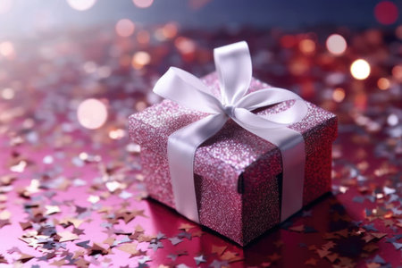 Beautifully wrapped gift box adorned with bow, set against the backdrop of twinkling Christmas lights, evoking the festive spirit of the New Year holiday.の素材