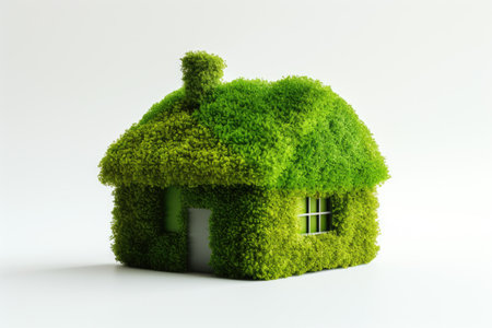 Symbolic image of a green house with a grass-covered roof, representing an eco-friendly concept. Perfect for sustainability, environment, and eco-conscious projects.の素材
