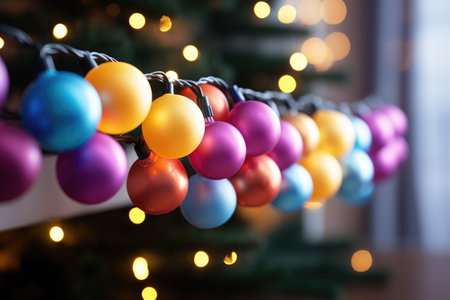 Tree decorated with colorful Christmas lights hanging on the branches. It's a modern and colorful approach to holiday decorの素材