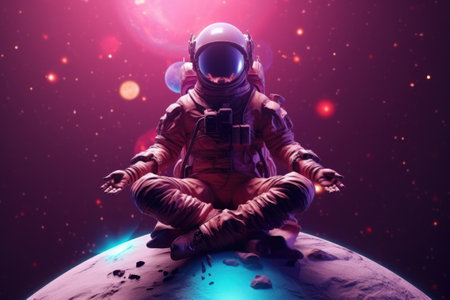 astronaut meditating with galaxy in background. symbolize fusion of outer space and inner world, show the importance of meditation practices and spirituality in the context of future travelの素材