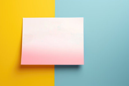 Piece of paper is placed on top of vibrant yellow and blue wall. This versatile image can be used for various purposes.の素材
