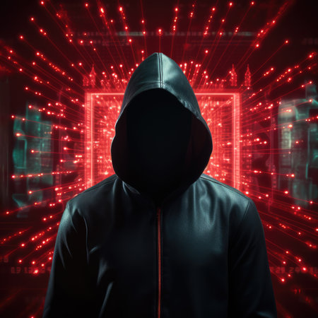 Person wearing hoodie standing in front of vibrant red lights. This image can be used to depict mystery, anonymity, urban culture, or rebellious attitude.の素材