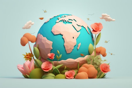 Blue globe with colorful flowers and butterflies. This image can be used to represent nature, beauty, and interconnectedness of the world.の素材
