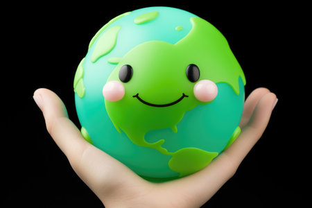Person holding green and blue globe in their hands. This image can be used to represent environmental awareness and global issues.の素材