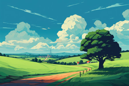 Picturesque painting of country road with tree in foreground. Peacefulness and beauty of nature. Perfect for use in travel magazines, website banners, or as background for inspirational quotes.の素材