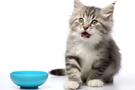 Sweet and adorable kitten sitting next to blue bowl. This image can be used to represent pets, animals, or mealtime themes.の素材