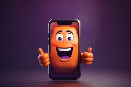 Cell phone with smiley face and thumbs up. Perfect for expressing positivity and approval in digital communication.の素材