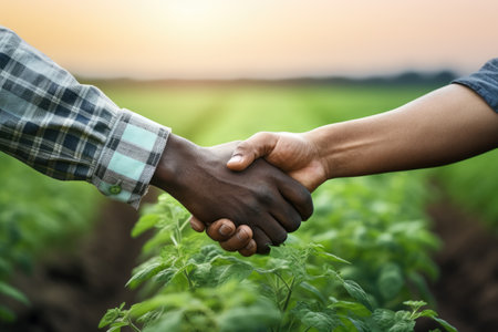 Two people shaking hands in the field. Suitable for business, partnership, teamwork, and cooperation concepts. Can be used for presentations, websites, and marketing materials.の素材