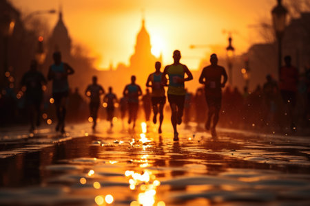 energetic and inspiring atmosphere of a marathon run in an urban setting. The silhouettes of runners against the track and water background convey their movement and activity.の素材