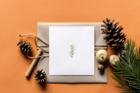 Envelope with orange and pine branches on white paper background. Christmas or New Year's greetings, holiday season.の素材