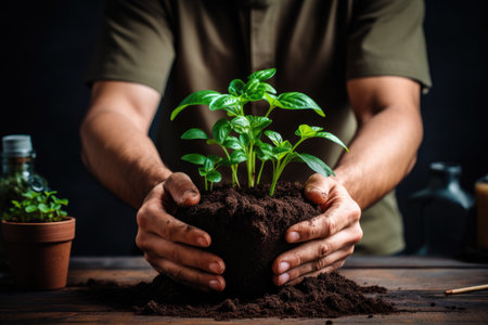 Person planting plant in an open soil container, showcasing gardening and nature connection. Gardening-related designs and nature articles concept.の素材