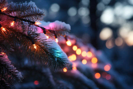 Tree decorated with colorful Christmas lights hanging on the branches. It's a modern and colorful approach to holiday decorの素材