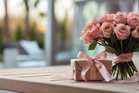 Beautiful and heartwarming still life composition featuring pink roses elegantly arranged in vase, accompanied by brown gift box. Gift and present concepts, floral arrangements and decoration.の素材