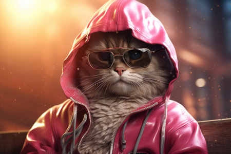 Cat sitting in pink hoodie and wearing sunglasses with cyberpunk twist. Sci-fi and cyberpunk-themed design, as well as animal fashion concepts with futuristic edge.の素材