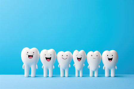 Abstract representation of six smiling teeth sitting on a blue background, symbolizing dental health and oral care.の素材