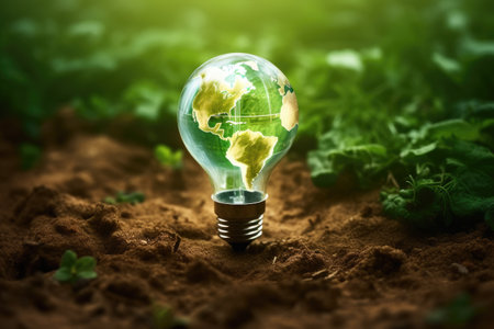 Light bulb with picture of earth inside of it. This image can be used to represent environmental consciousness, energy efficiency, or concept of small idea having big impact.の素材