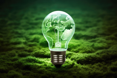 Light bulb with miniature picture of earth inside. Illustrating concepts like sustainability, energy efficiency, and global connectivity. Presentations, websites, and educational materials.の素材