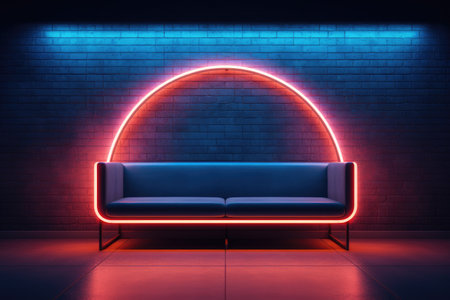 Picture of couch in room illuminated by neon lights. Perfect for adding modern and vibrant touch to any design project.の素材