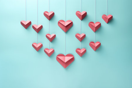 Group of red paper hearts hanging from strings. This image can be used for Valentine's Day, anniversaries, love-themed projects, or any design requiring romantic touch.の素材