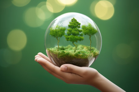 Person holding glass ball with miniature tree inside. Concepts such as imagination, nature, dreams, or even fragility of life. Advertising, magazines, websites, or any creative project.の素材