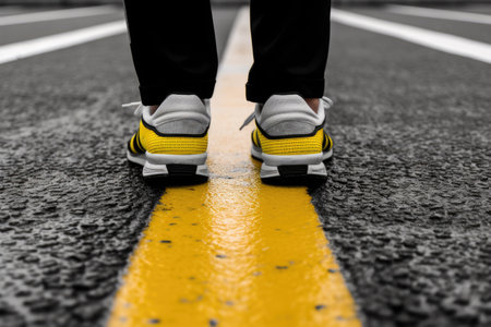Person standing on the street with their feet on yellow line. This image can be used to represent waiting, pedestrian safety, or urban environments.の素材