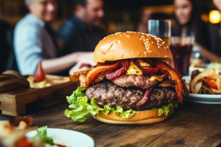 Delicious hamburger with crispy bacon, fresh lettuce, juicy tomato, and melted cheese. Perfect for satisfying meal or quick bite. Great for food blogs, restaurant menus, and advertising campaigns.の素材