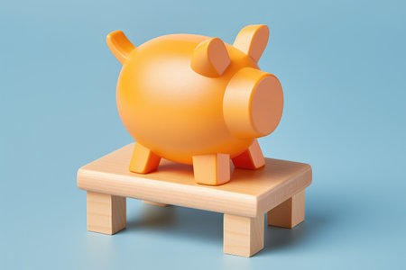 Cute toy pig sitting on top of wooden stool. Perfect for children's toys or farm-themed designs.の素材