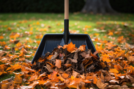 Pile of leaves with shovel in it. Can be used to depict autumn clean-up or gardening activities.の素材