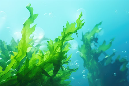 Picture of green plant with bubbles floating in water. This image can be used to depict underwater life or as background for nature-themed designs.の素材