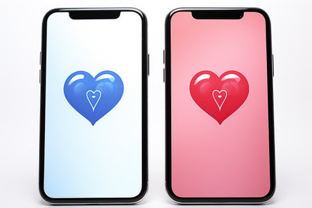 Two iPhones with heart designs on them, placed side by side. Perfect for showing love and technology.の素材