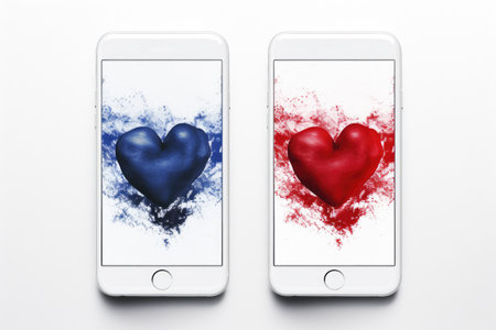 Two iPhones with heart painted on them. Perfect for showing love and technology.の素材