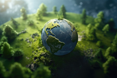 Green globe with trees on top, representing the importance of nature and environmental conservation. Can be used to promote sustainability and eco-friendly initiatives.の素材