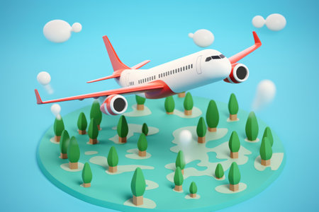 Airplane flying over small island. Perfect for travel or vacation-themed projects.の素材