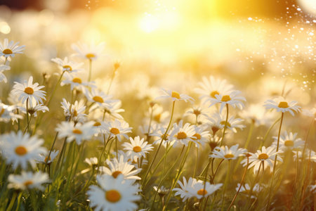 Beautiful field of daisies with sun shining in background. Perfect for nature and outdoor-themed designs.の素材