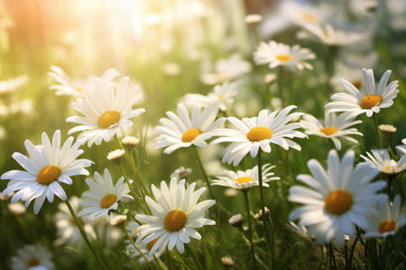 Beautiful field of daisies with sun shining in background. Perfect for nature and outdoor themes.の素材