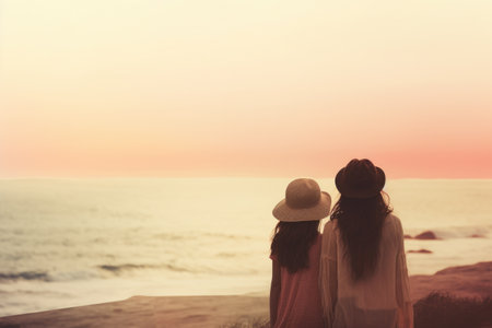 Picture of two women standing side by side on beautiful beach. This image can be used to depict friendship, vacation, or fun day at beach.の素材